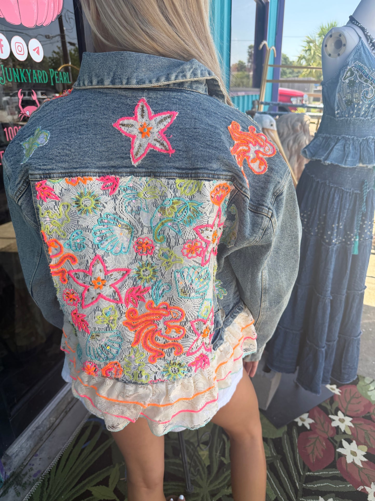 Statement Floral Embroidered Cropped Lace Trim Denim Jacket