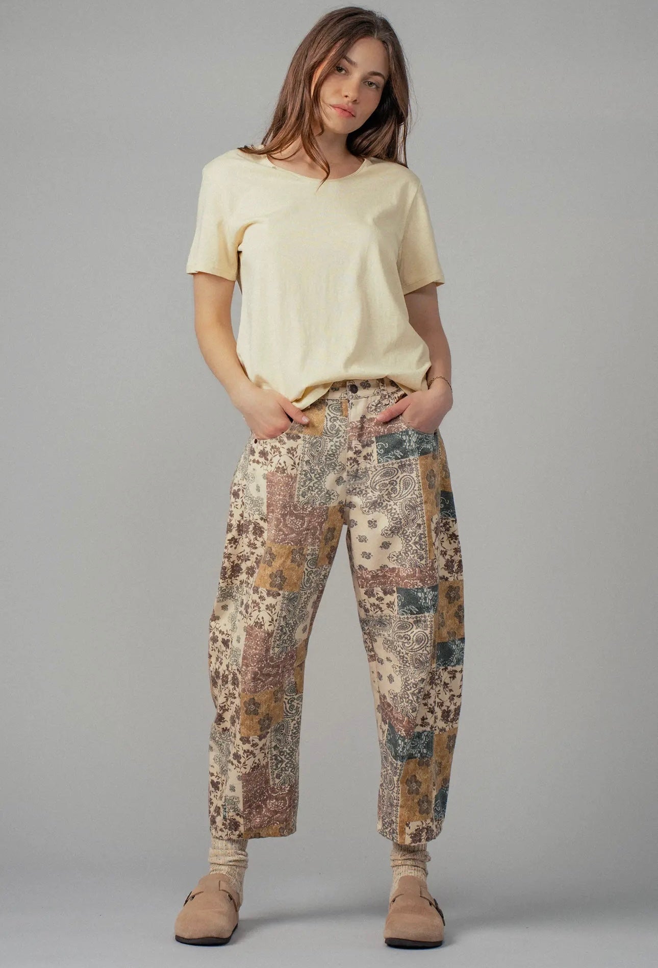 Vintage Boho Bandana Print Denim Barrel Jeans