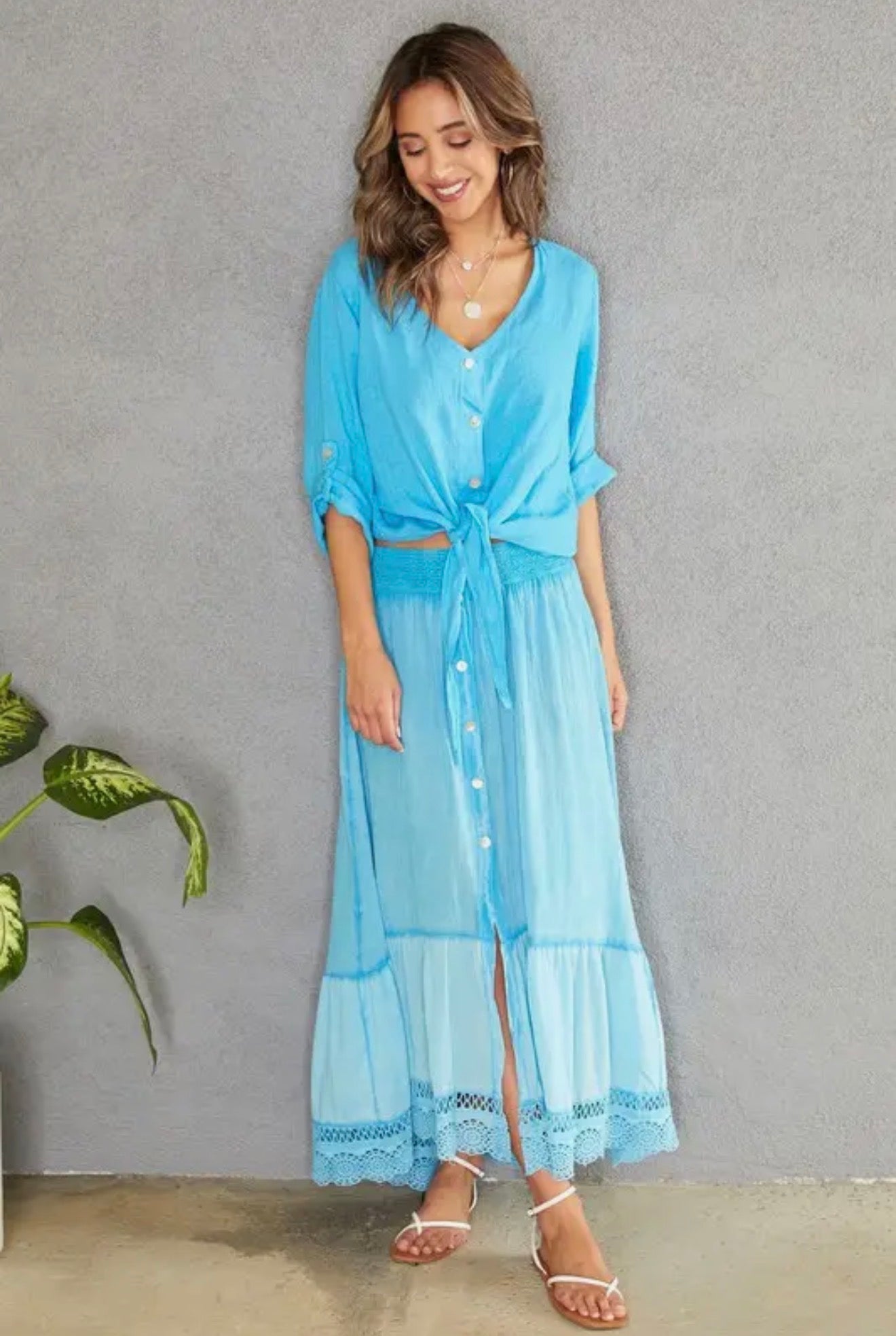 Blue Braided High Low Maxi Skirt