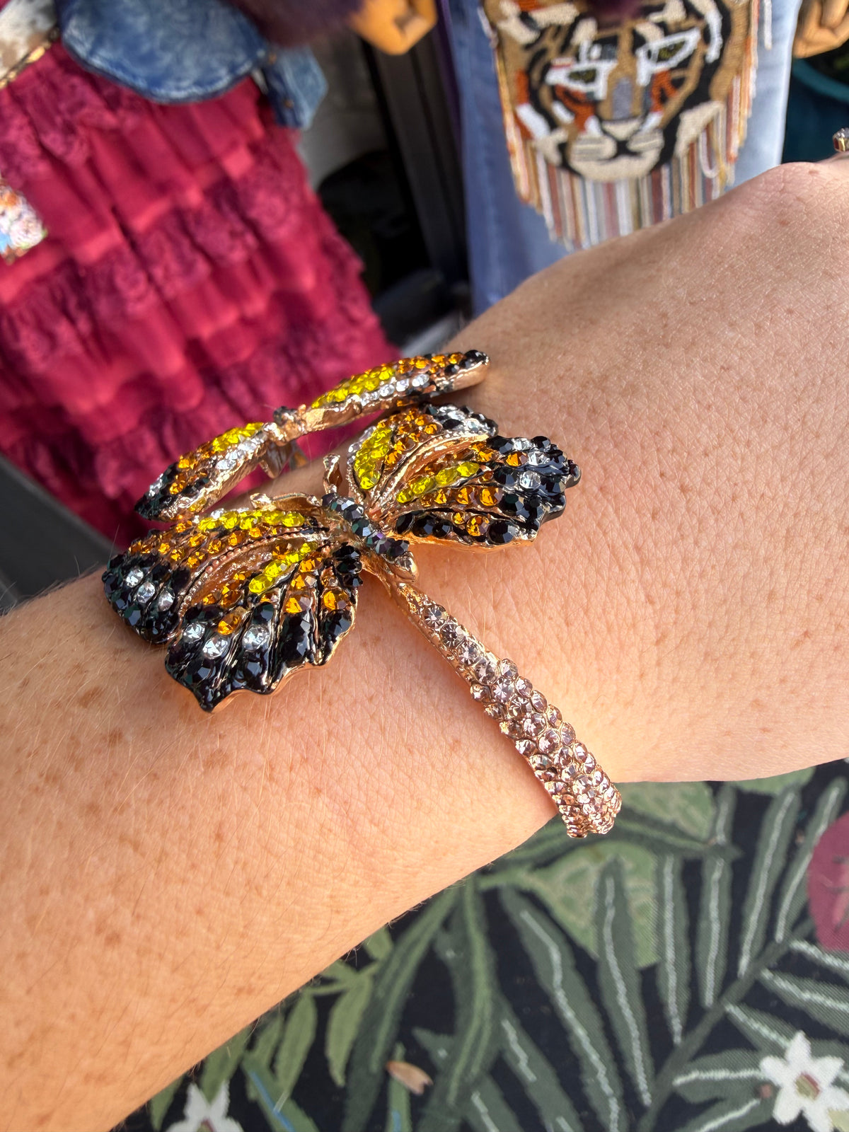 Rhinestone Embellished Double Butterfly Hinged Bangle Bracelet