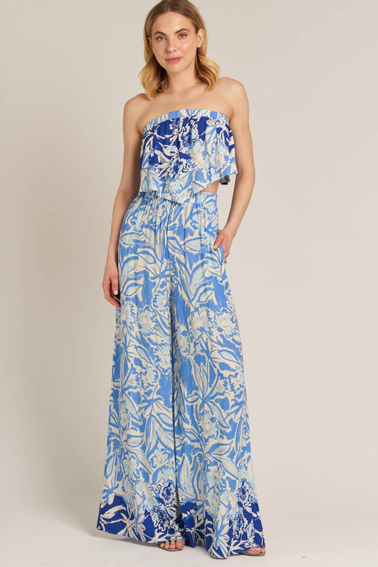 Blue Patterned Tube Crop Top and Wide Leg Pants Set