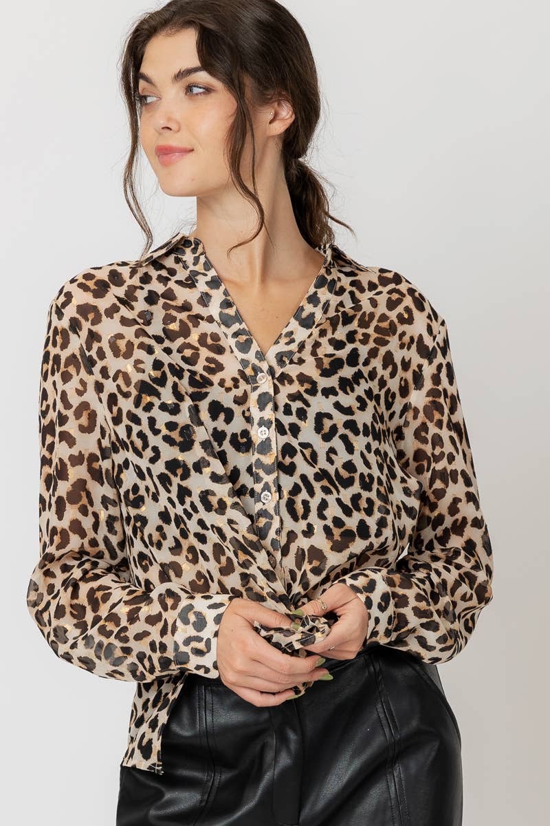 Sheer Leopard Print Button Down Blouse with Lurex