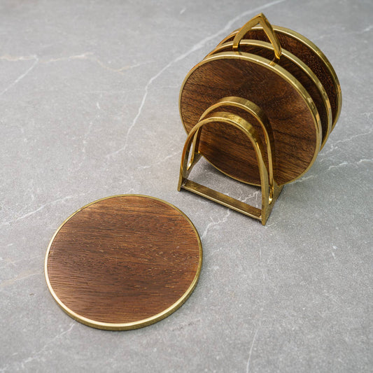Gold Edge Wood Coaster Set w/ Brass Stand, Set of 4