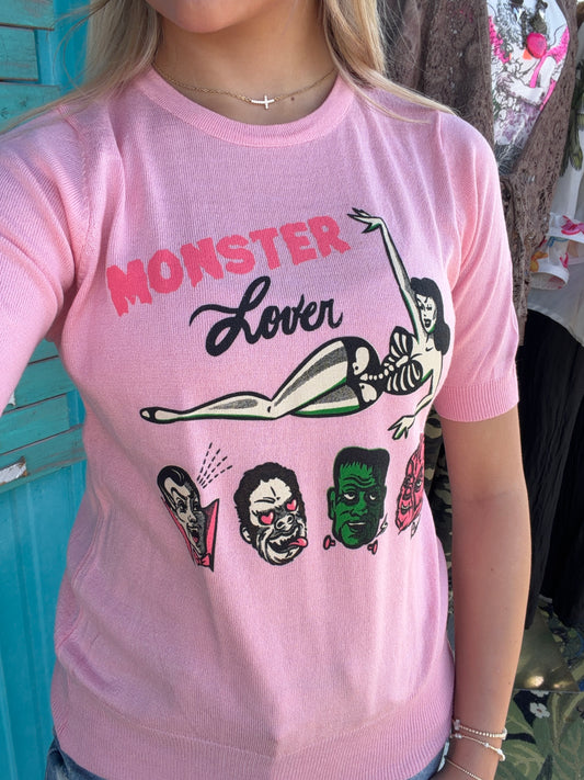 Monster Lover short sleeve Sweater in Pink