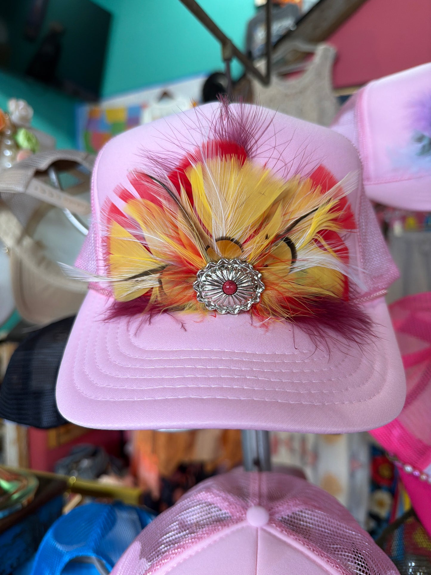 Feather Trucker Hat, Handmade, Unique, One of a Kind