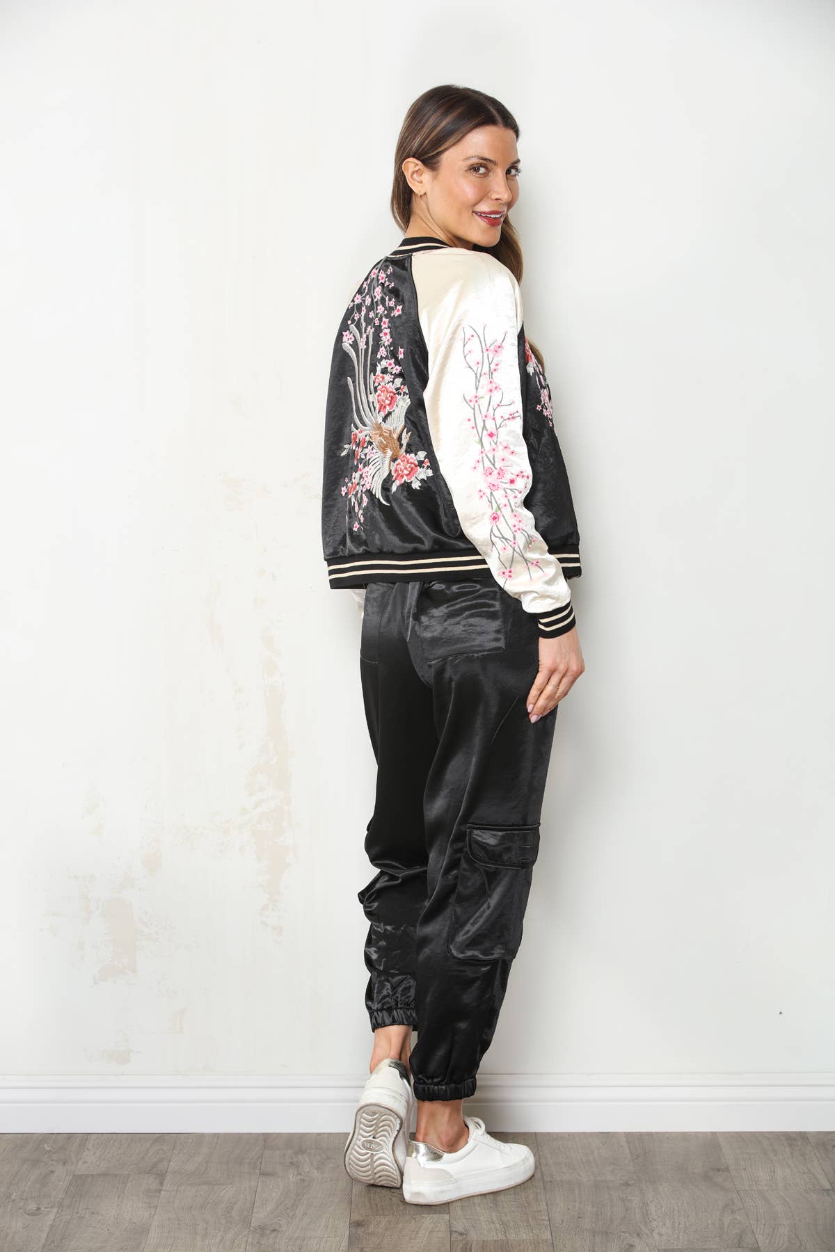 PRE ORDER SHIPS AUG 7-12 Reversible Cherry Blossom Satin Bomber Jacket