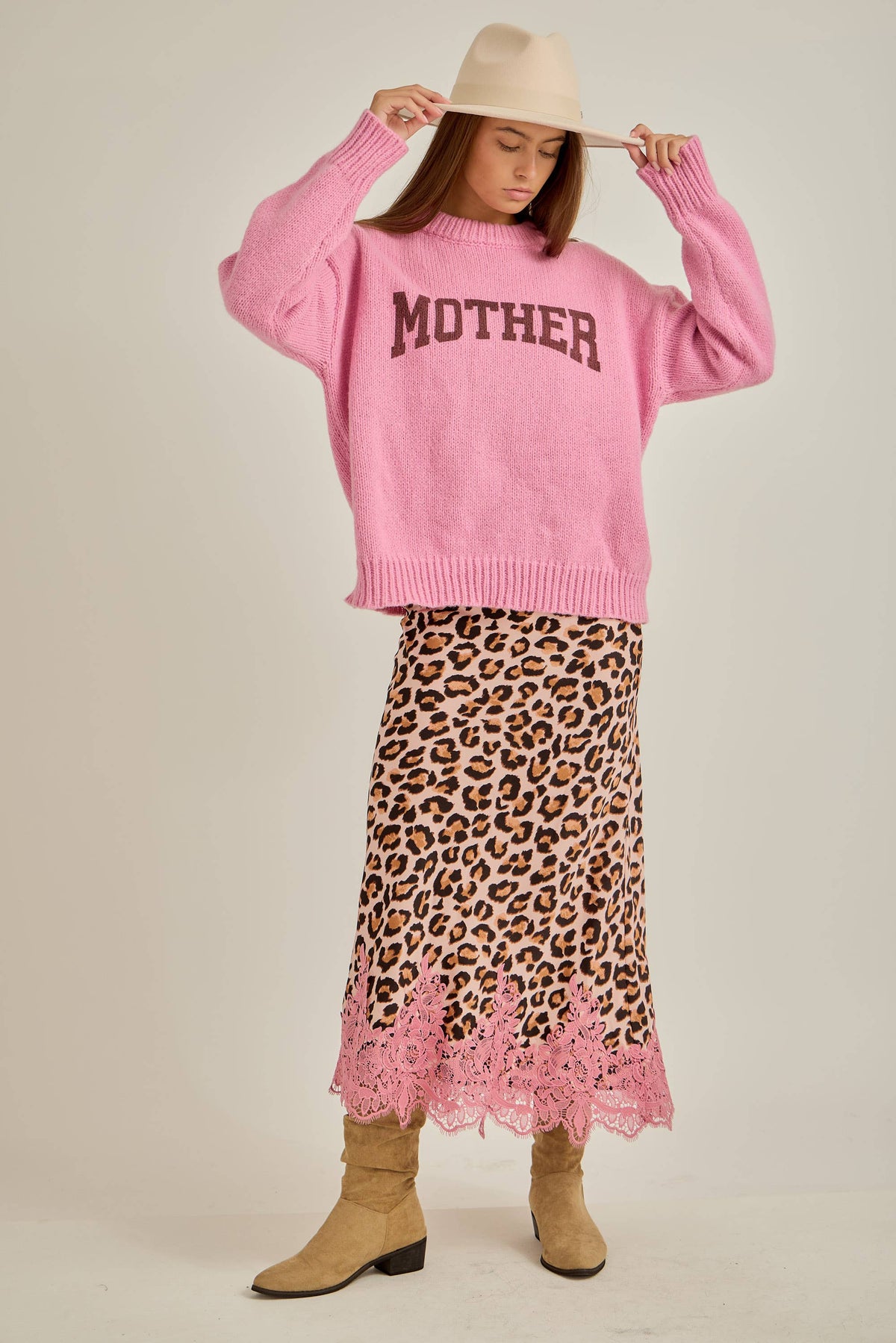 Leopard with lace hem fit & flare bias maxi skirt