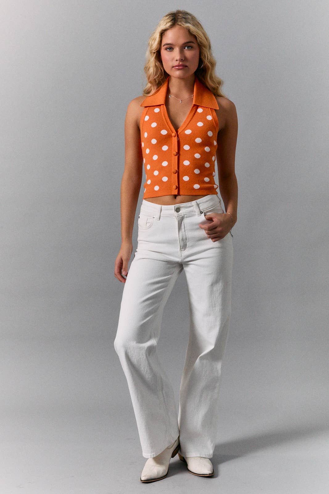 V-NECK HALTER POLKA DOT KNIT SWEATER TOP
