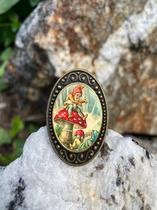 Gnome Mushroom Antiqued Bronze Adjustable Ring