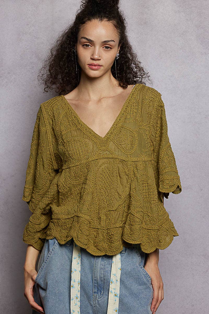 Short Sleeve V-neck Vintage Washing Solid Crochet Top