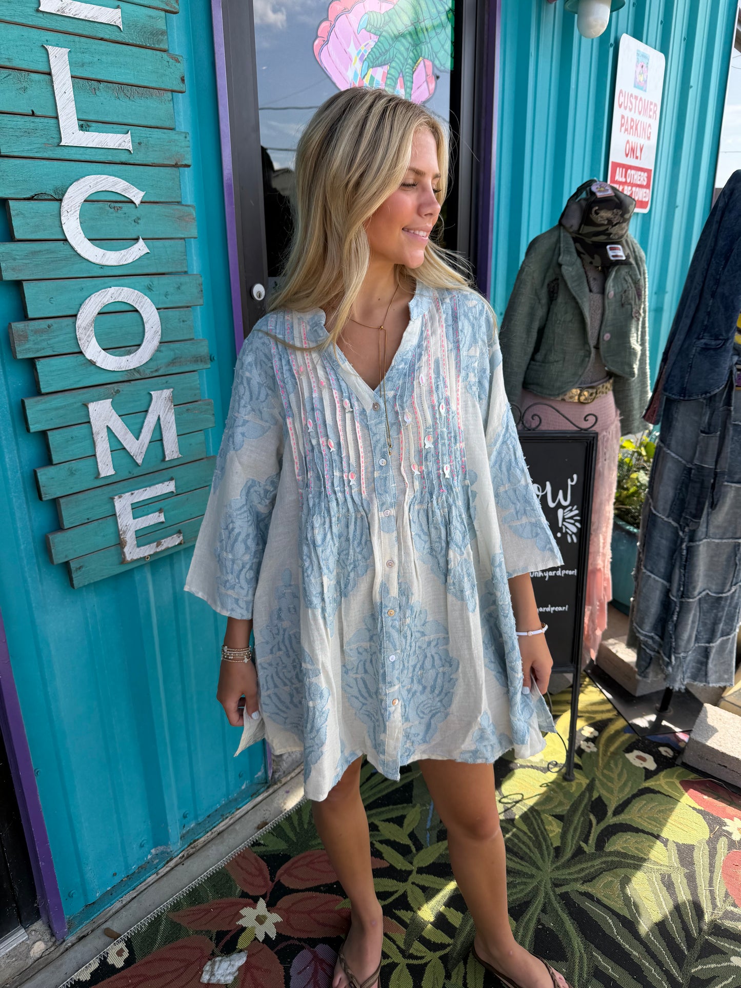 Embroidered Cotton Pinstripe Tunic Dress