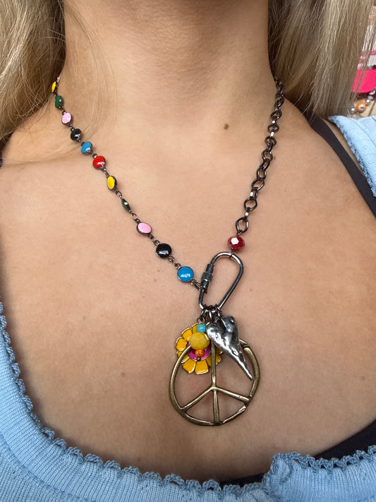 Rainbow Bead Peace Charm Necklace