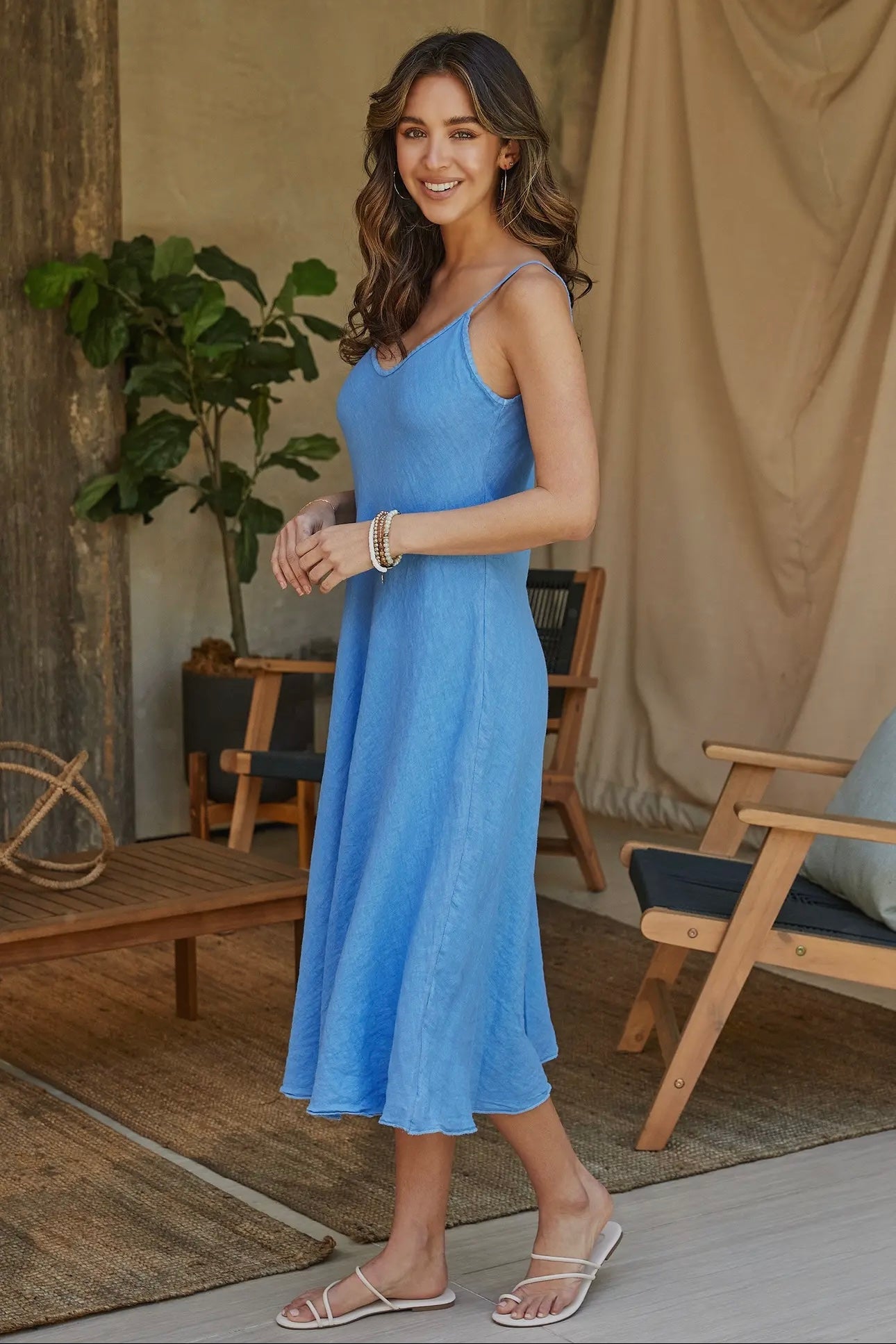 Blue Linen Spaghetti Strap Slip Dress