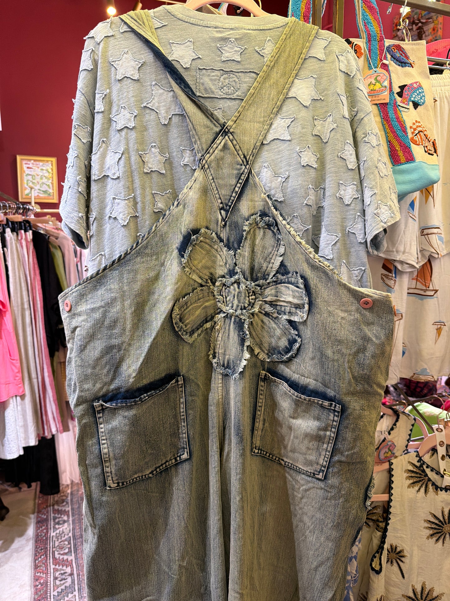 Flower Power Patchwork Denim Overalls