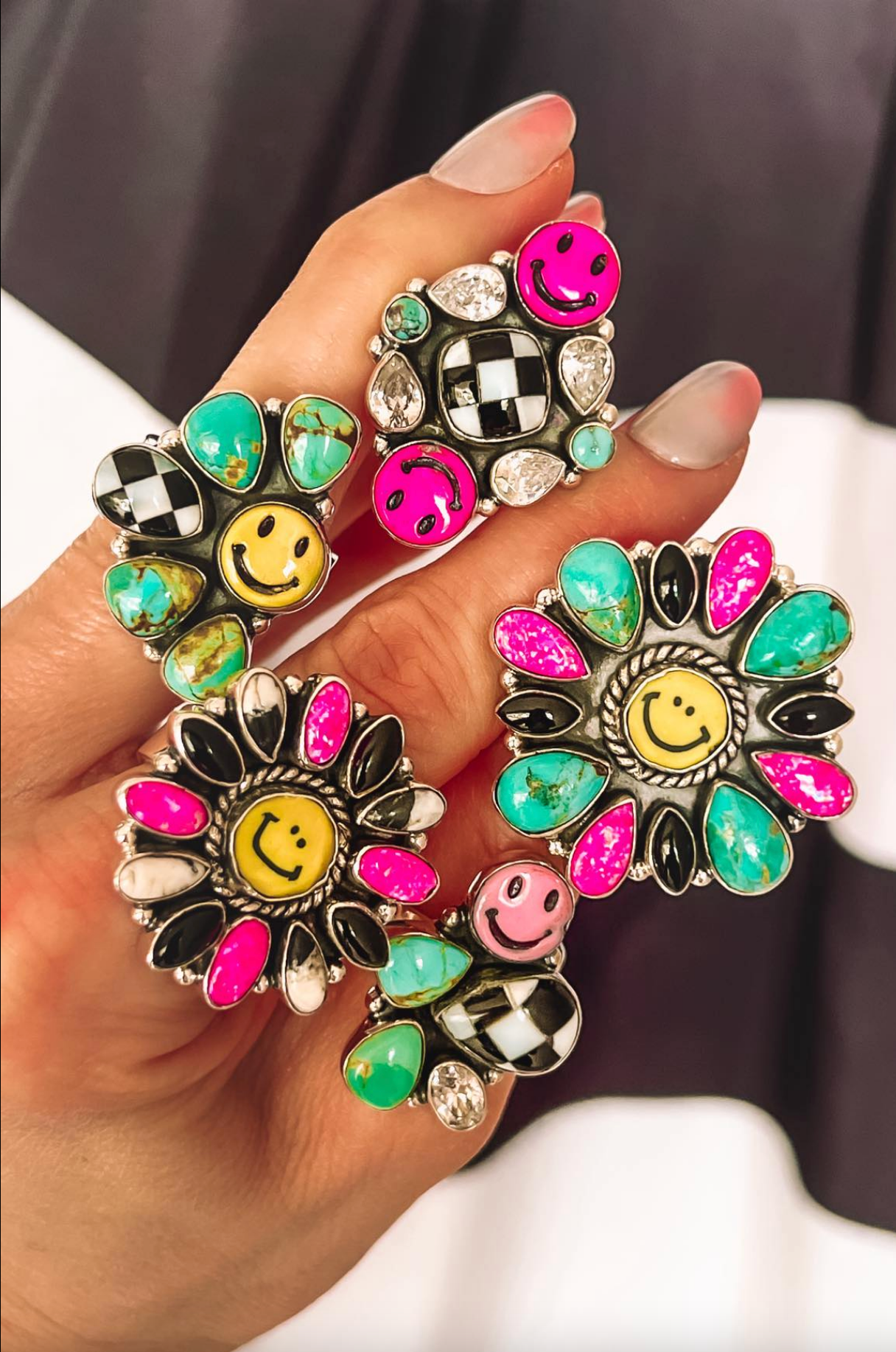 Happy Days Smiley Checkered Stone Rings - Made to Order