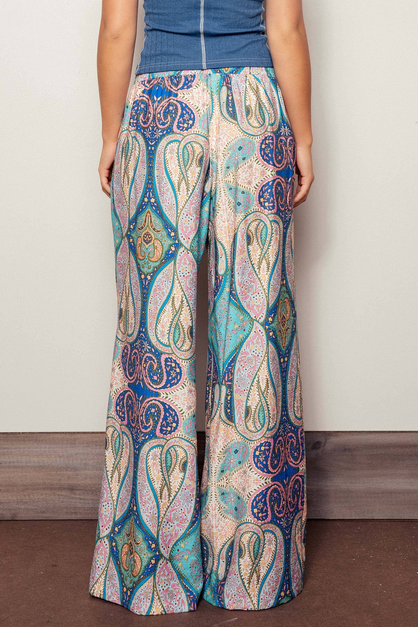 Blue Paisley Print Wide-Leg Statement Pants