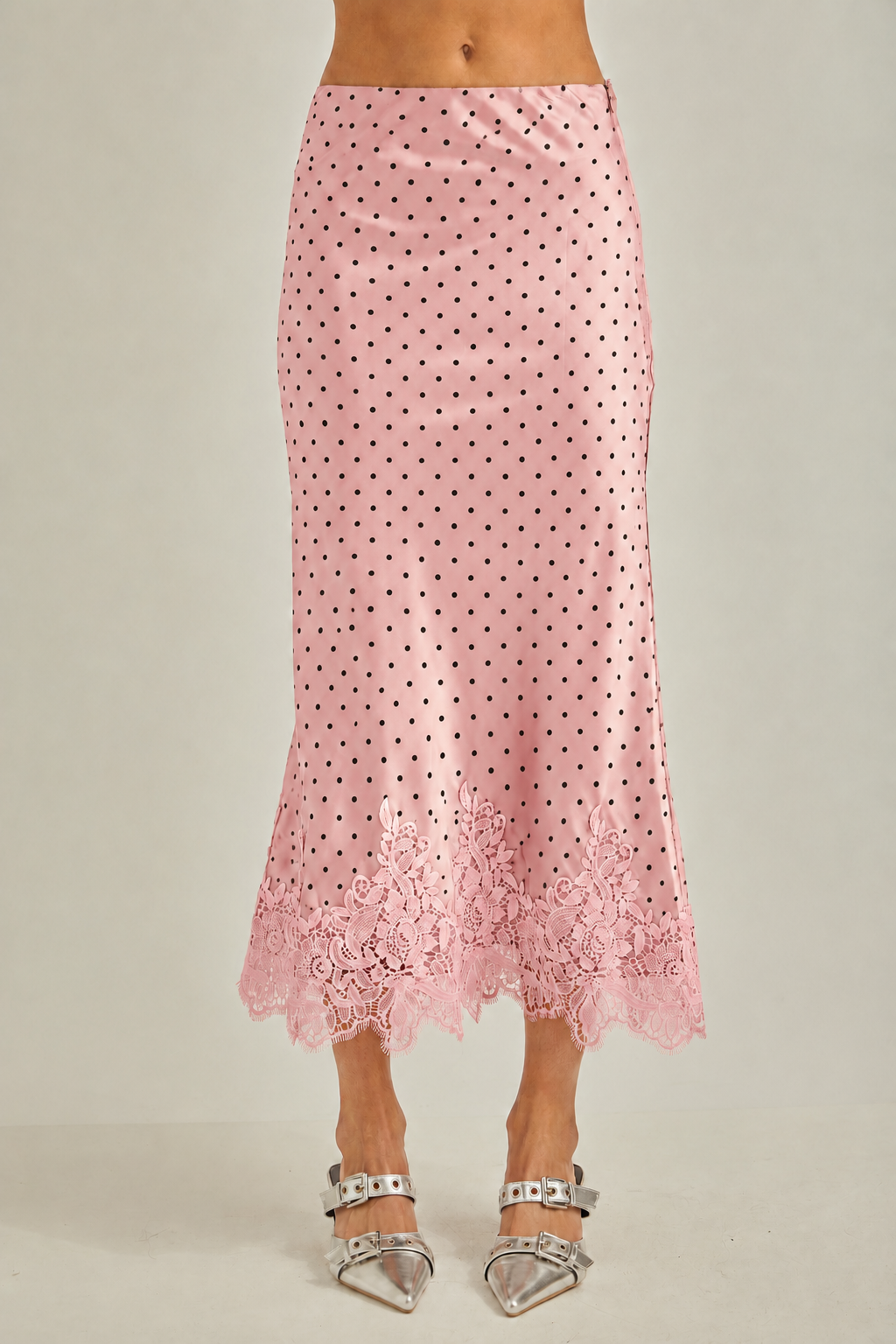 Polkadot with lace hem fit & flare bias midi skirt