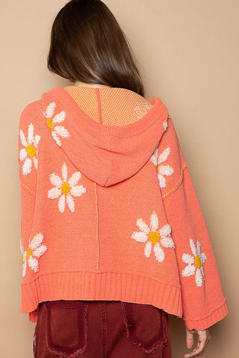 Hooded v-neck daisy pattern ribbed openings sweater