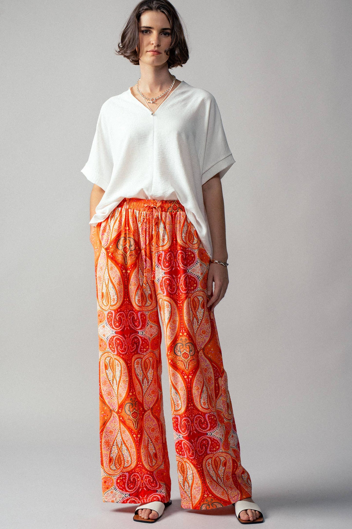 Orange Paisley Print Wide-Leg Statement Pants