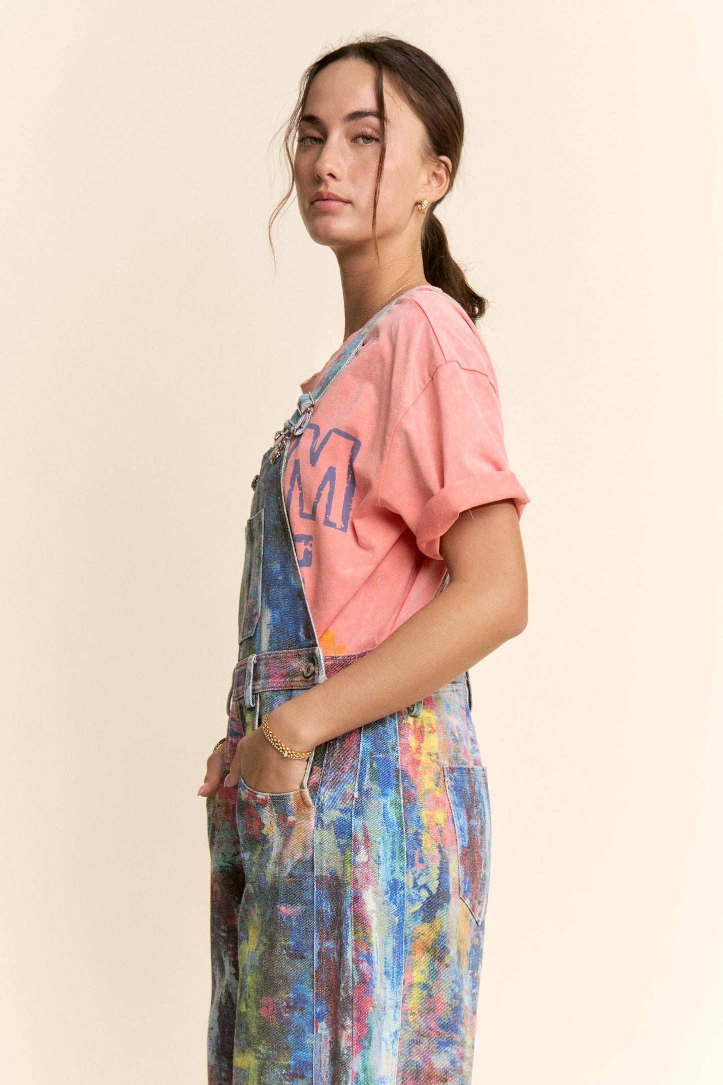 WATER COLOR DENIM BARREL PANTS OVERALL JUMPSUIT