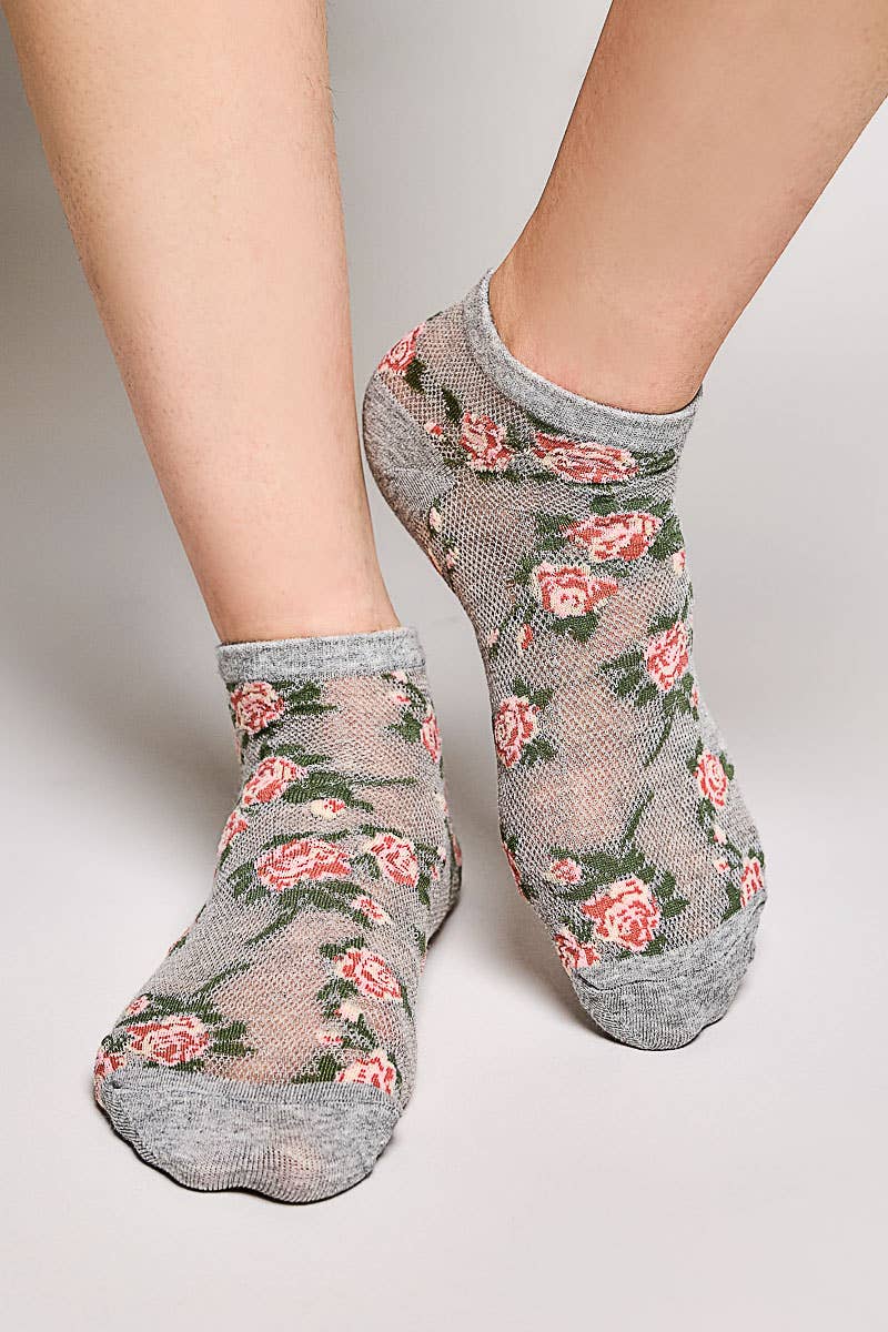 Allover Floral Print Classic Ribbed Cuff Knit Crew Socks