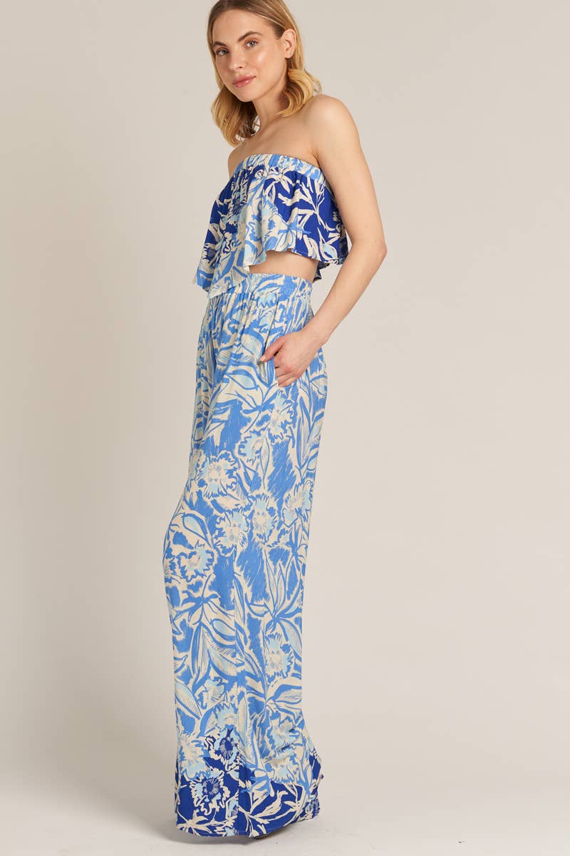 Blue Patterned Tube Crop Top and Wide Leg Pants Set