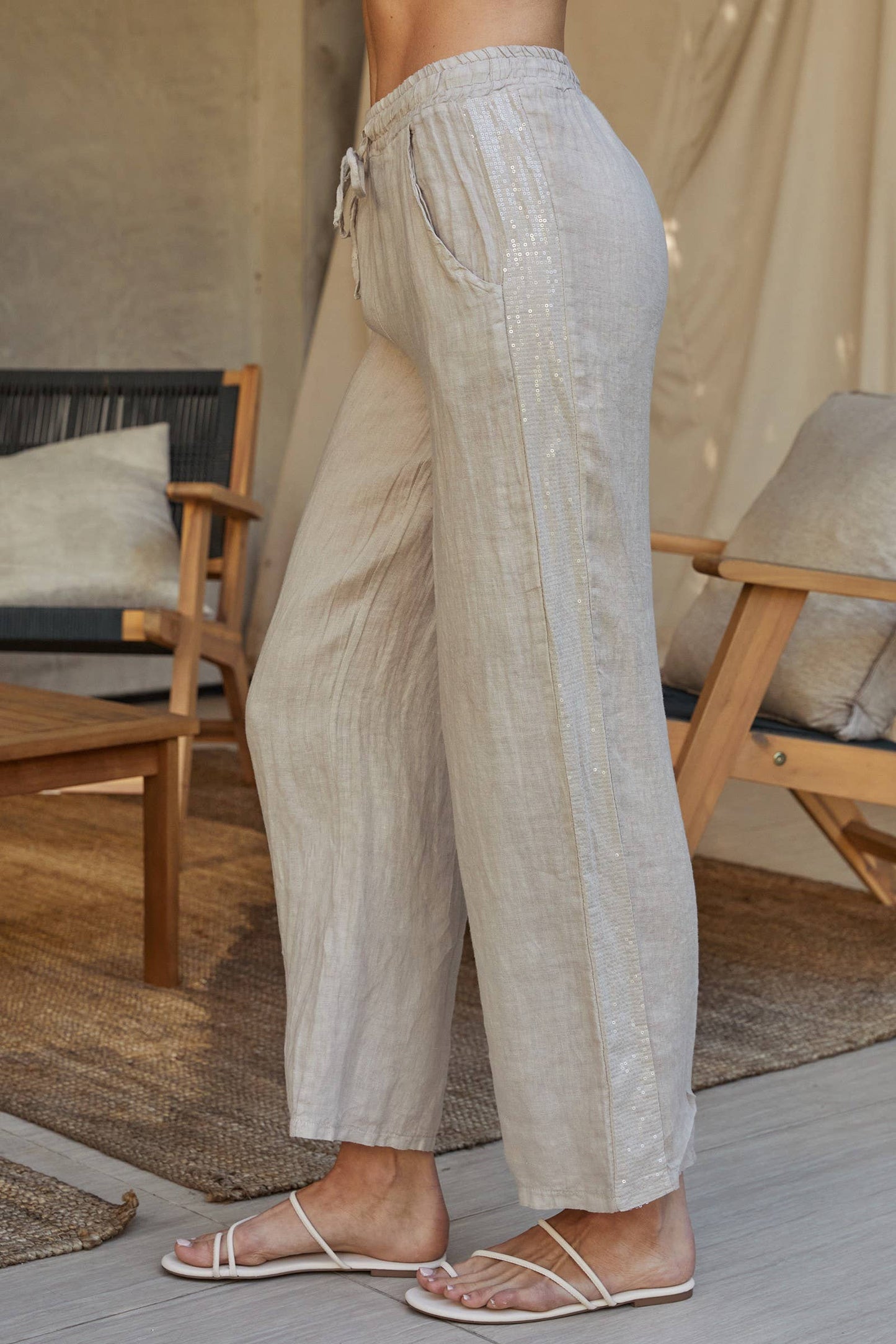 Linen Pants with Beige Sequin Side Stripe Pants