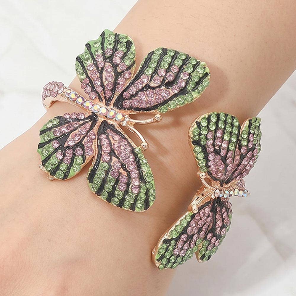 Rhinestone Embellished Double Butterfly Hinged Bangle Bracelet
