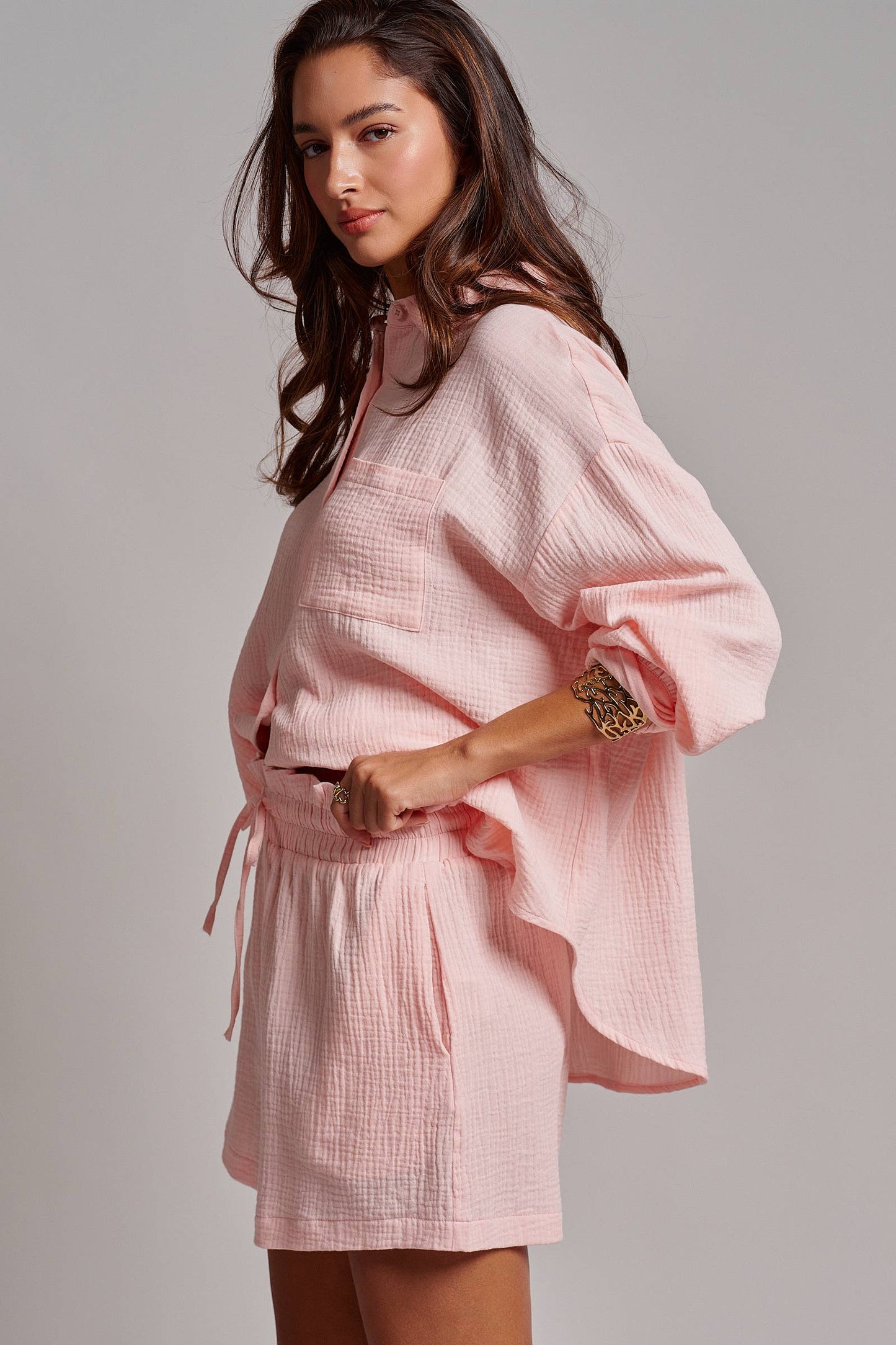 Pink Crinkle Cotton Gauze Resort Button-Up Set