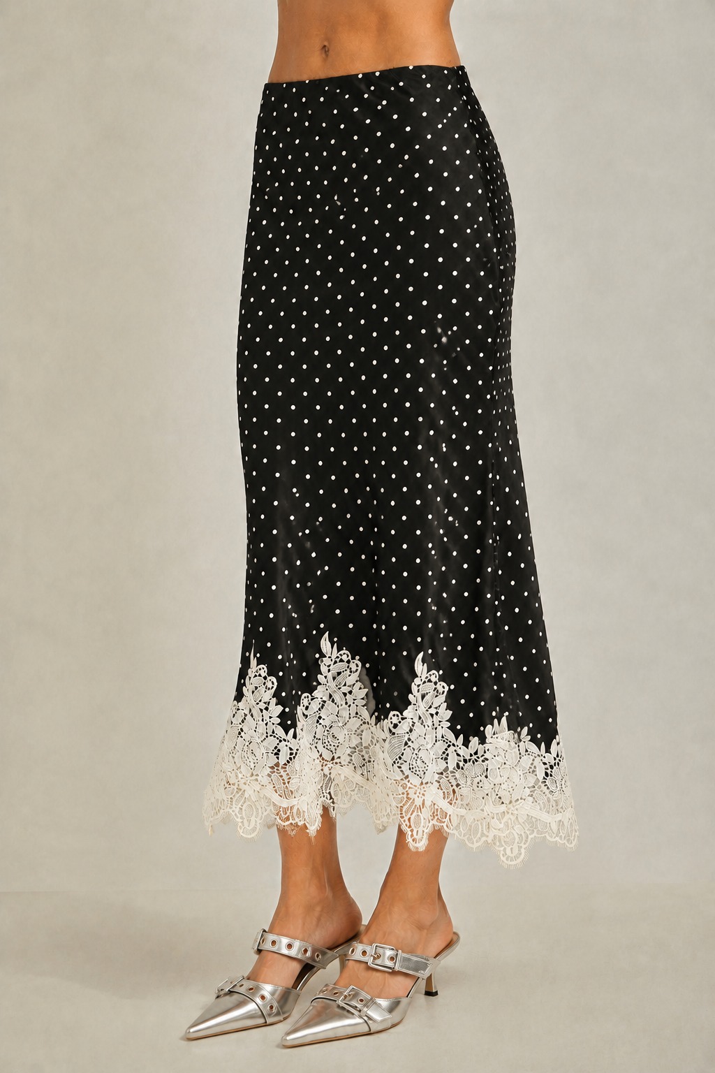 Polkadot with lace hem fit & flare bias midi skirt