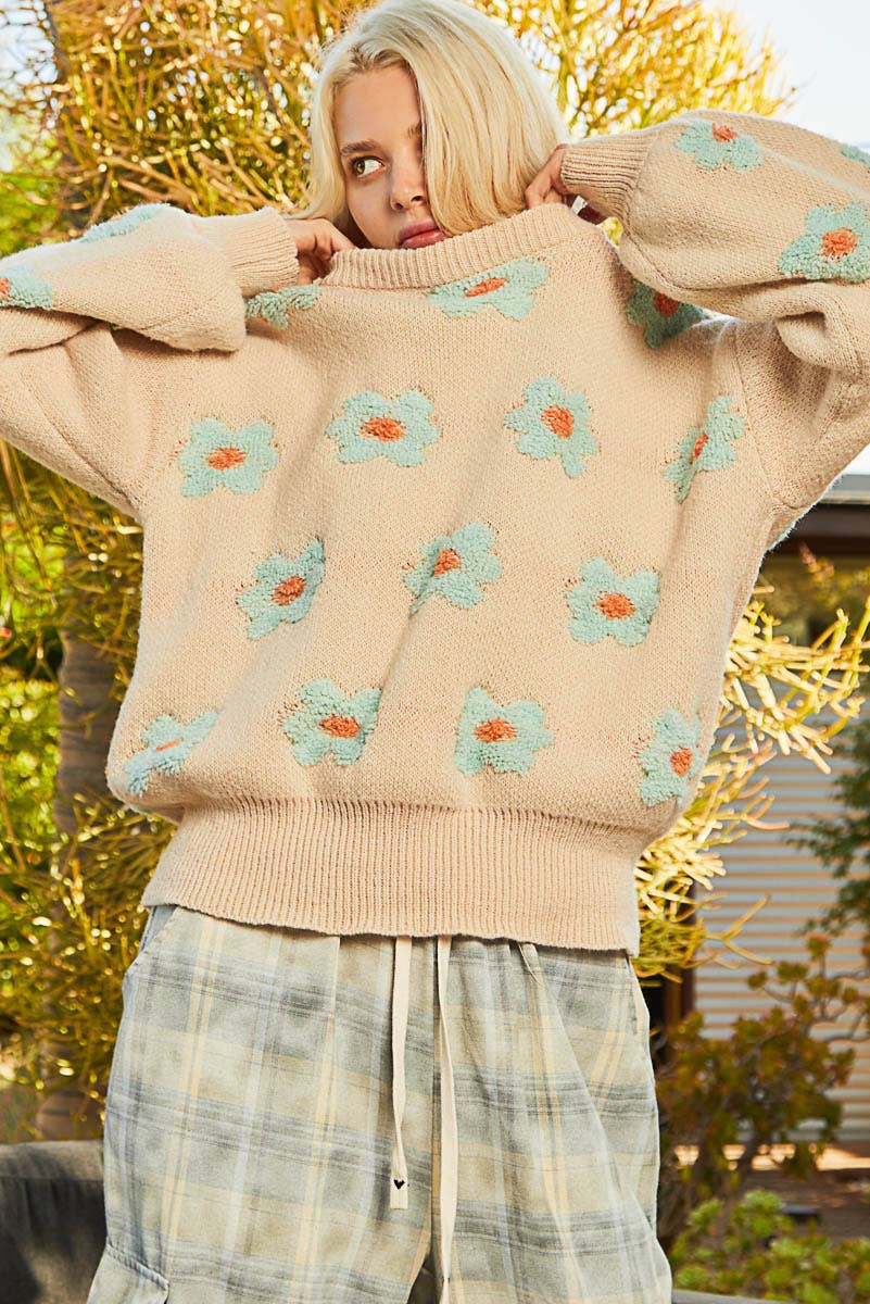 Toasted Almond Oversized Round Neck Daisy Floral Sweater