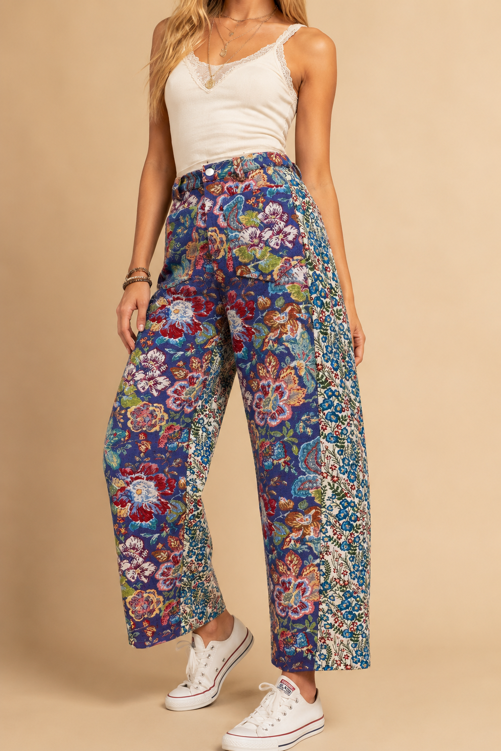 Vintage Tapestry Mixed-Print Wide-Leg Barrel Fit Pants