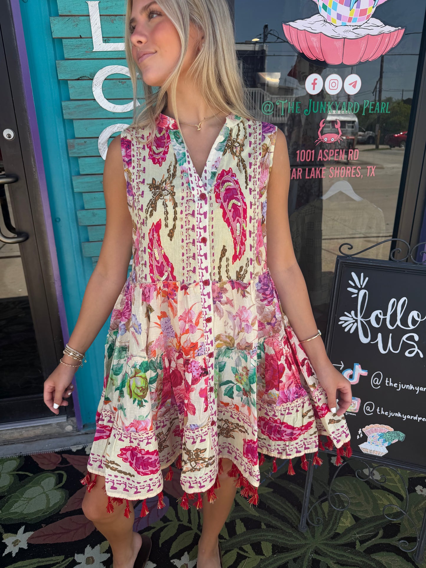 Cotton Button Closure Floral Tassel Bead Sleeveless Dress