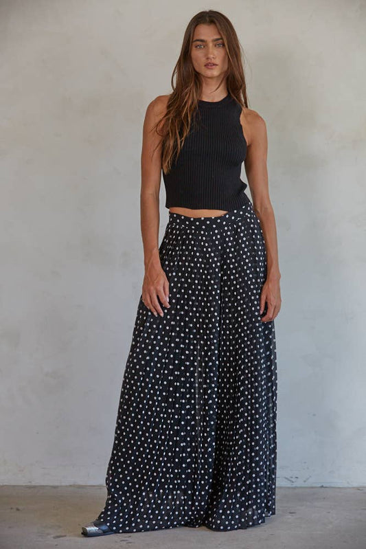 Polka Dot Pleated Chiffon Waist Band Wide Leg Pants