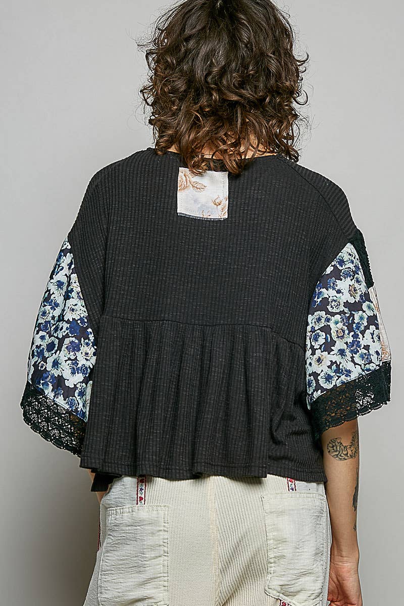 Rib Floral Pattern Round Neck Short Sleeve Top