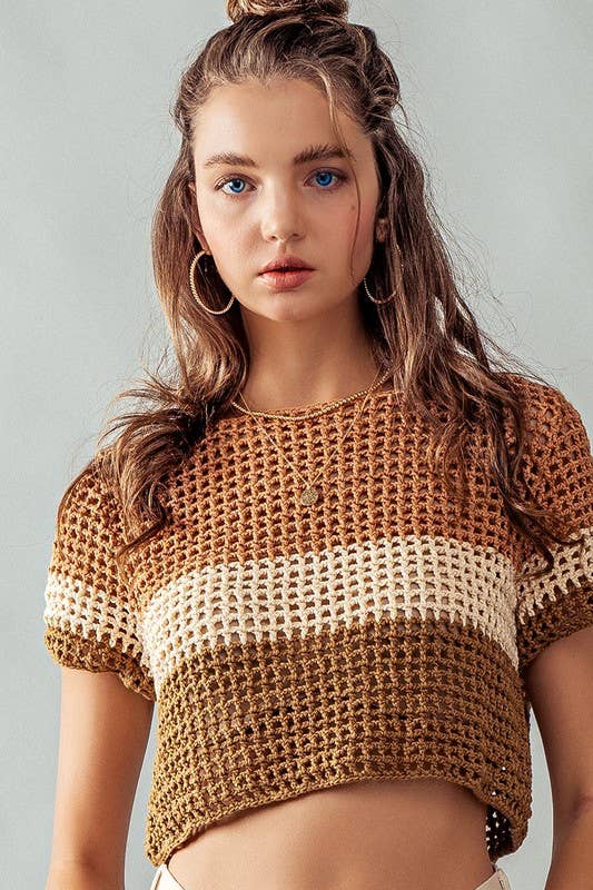 Mocha STRIPE CROCHET SWEATER CROP TOP