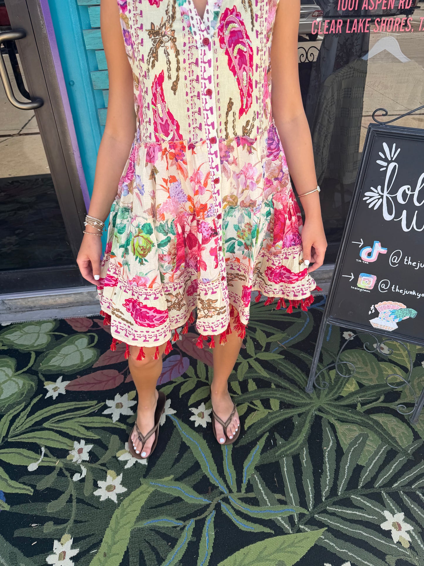 Cotton Button Closure Floral Tassel Bead Sleeveless Dress