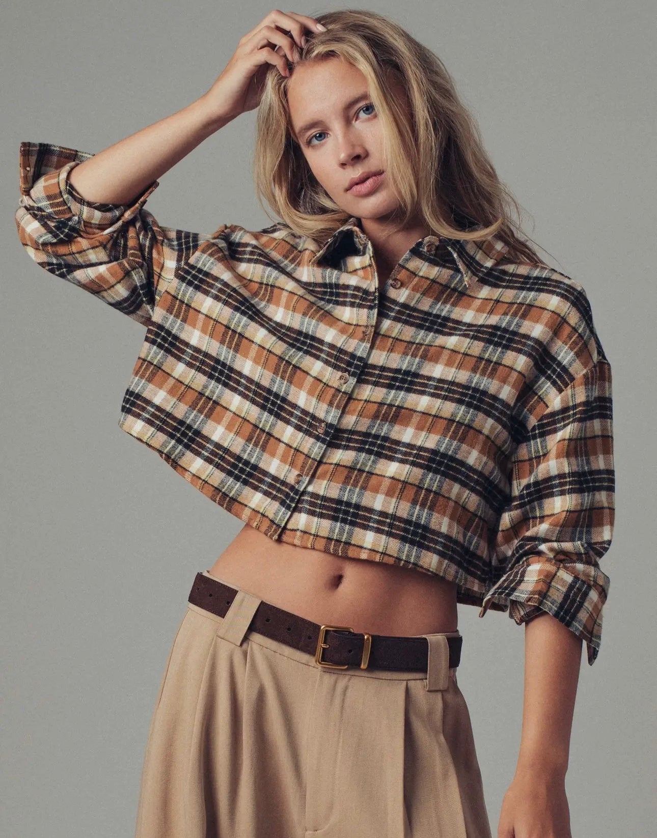Cropped Plaid Button Up Flannel Shirt