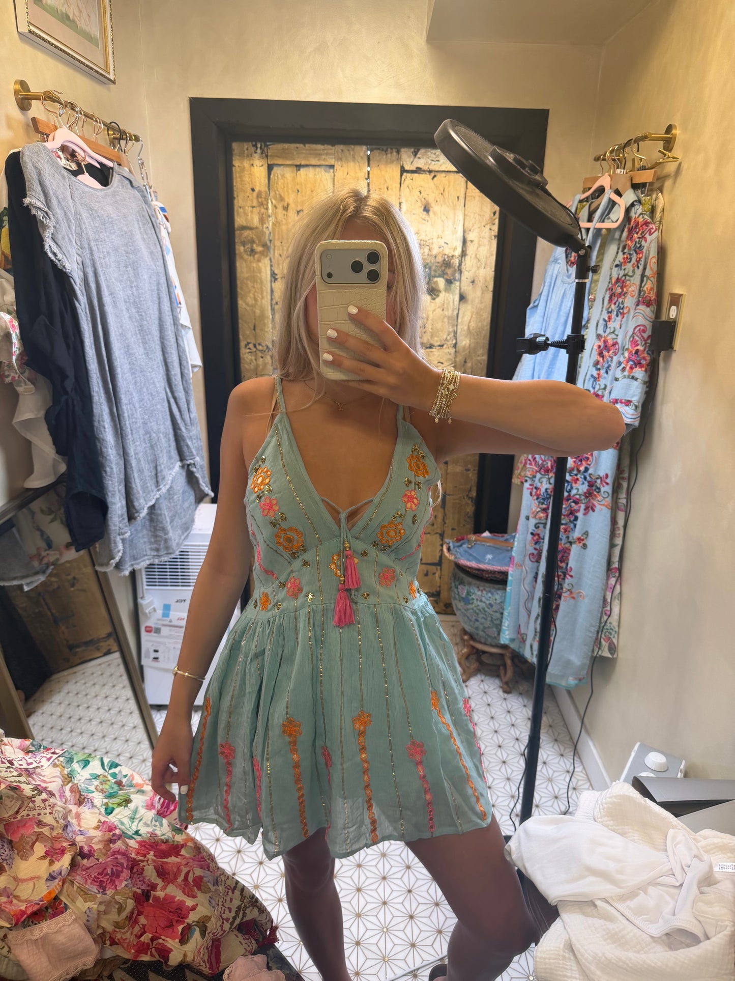 Boho Smocking Mirror Embroidery V-Neck Sleeveless Dress
