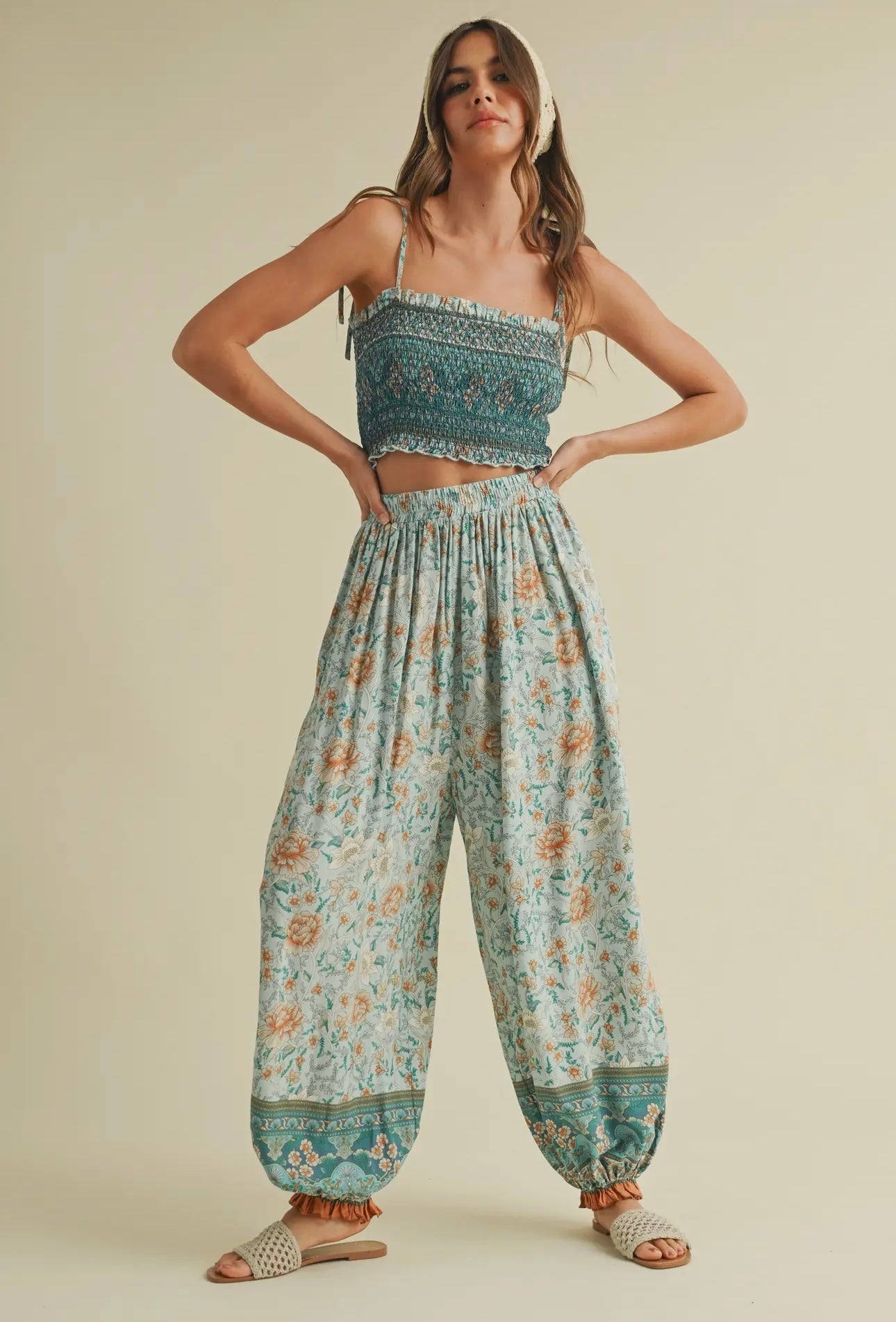 Turquoise and Orange Smocked Top and Floral Printed Pants