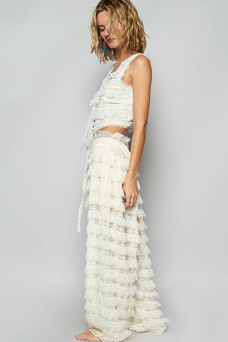 Cream Lace Ruffle Pants