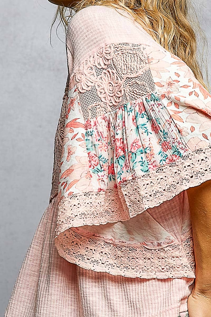 Rib Floral Pattern Round Neck Short Sleeve Top