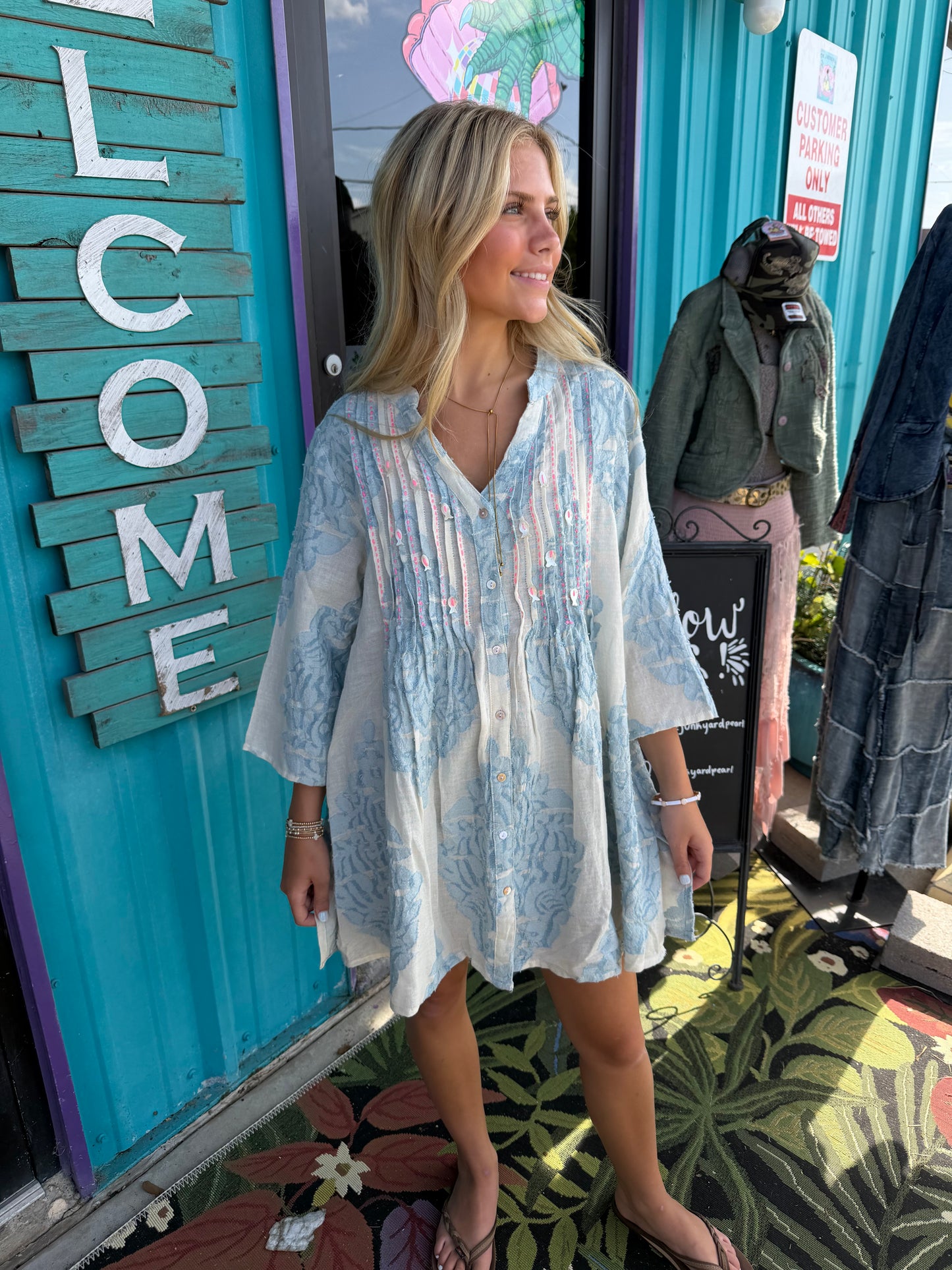 Embroidered Cotton Pinstripe Tunic Dress