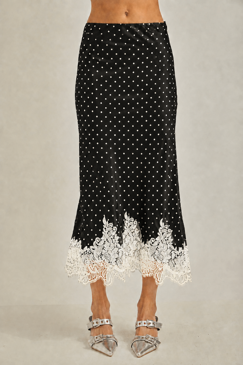 Polkadot with lace hem fit & flare bias midi skirt
