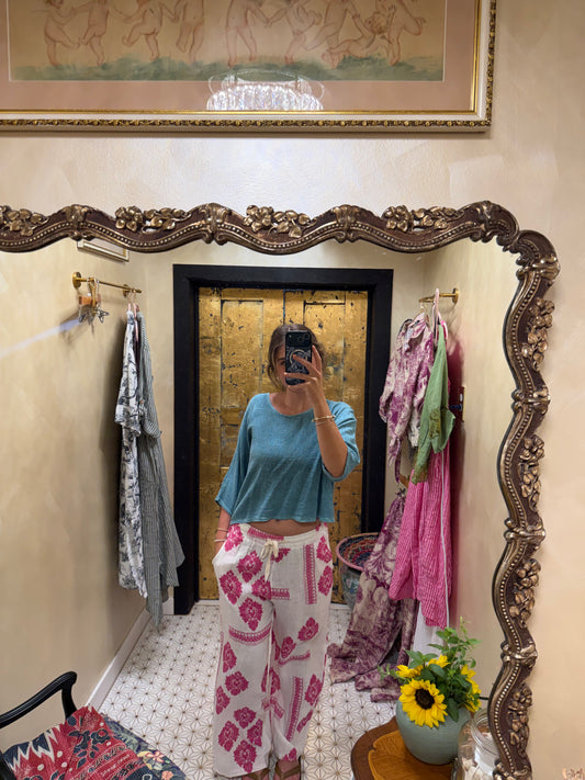 Fuchsia Linen Damask Drawstring Waist Pants