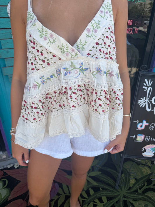 A-body Flared Fit Double Gauze Floral Embroidery Sleeveless