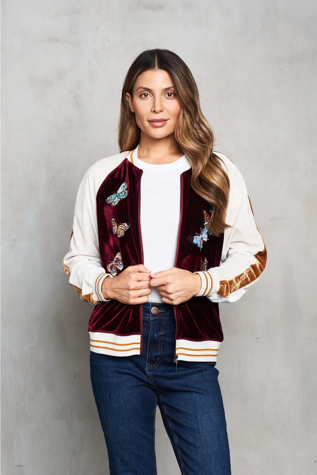 Embroidered Butterfly Bomber Baseball Velvet Jacket