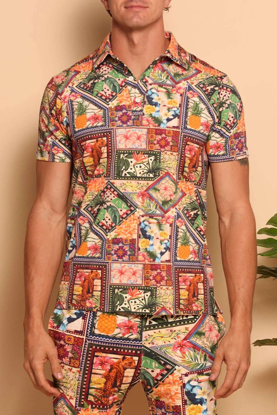 Tropical Patchwork Activewear Men’s Polo