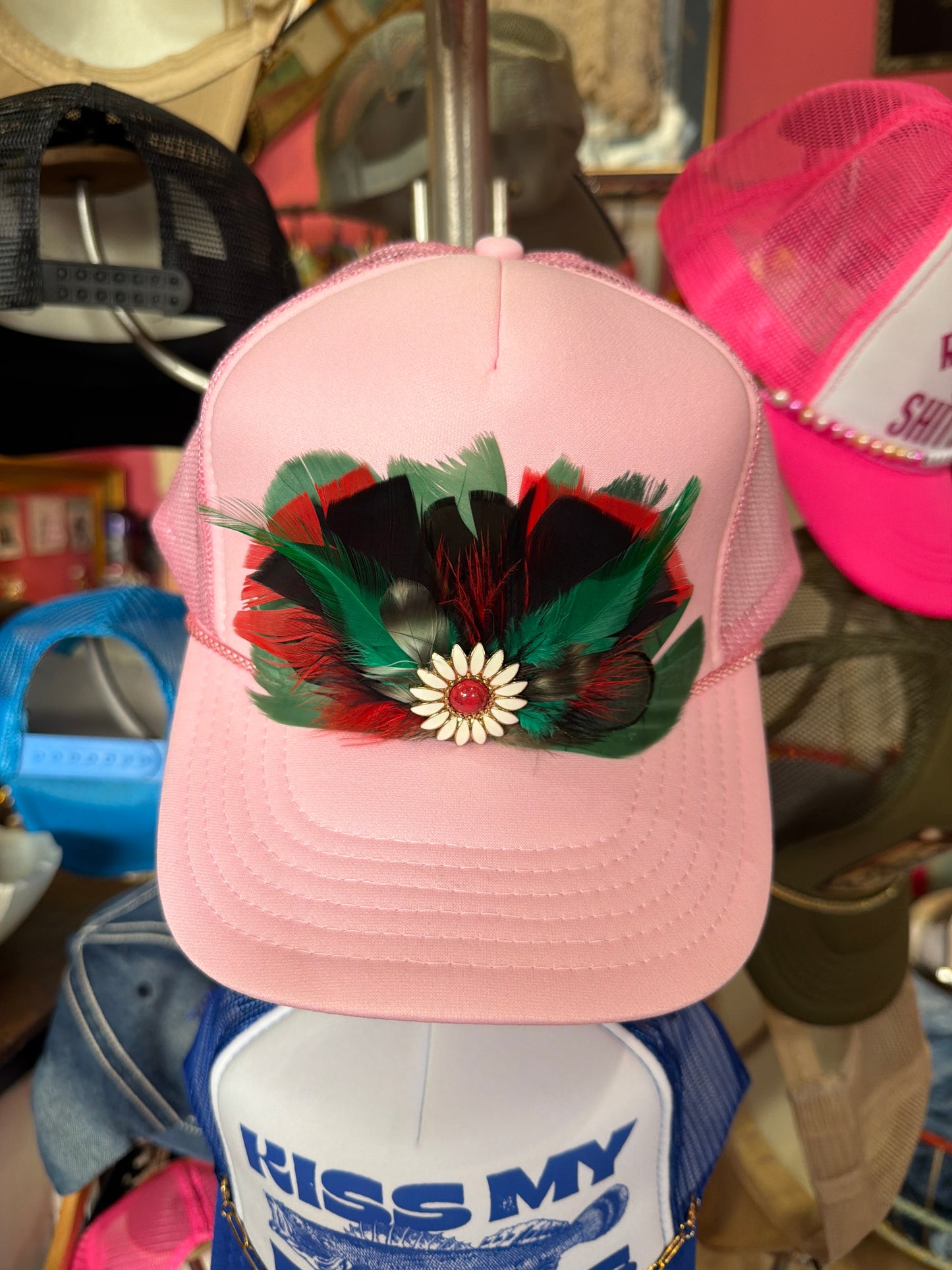 Feather Trucker Hat, Handmade, Unique, One of a Kind