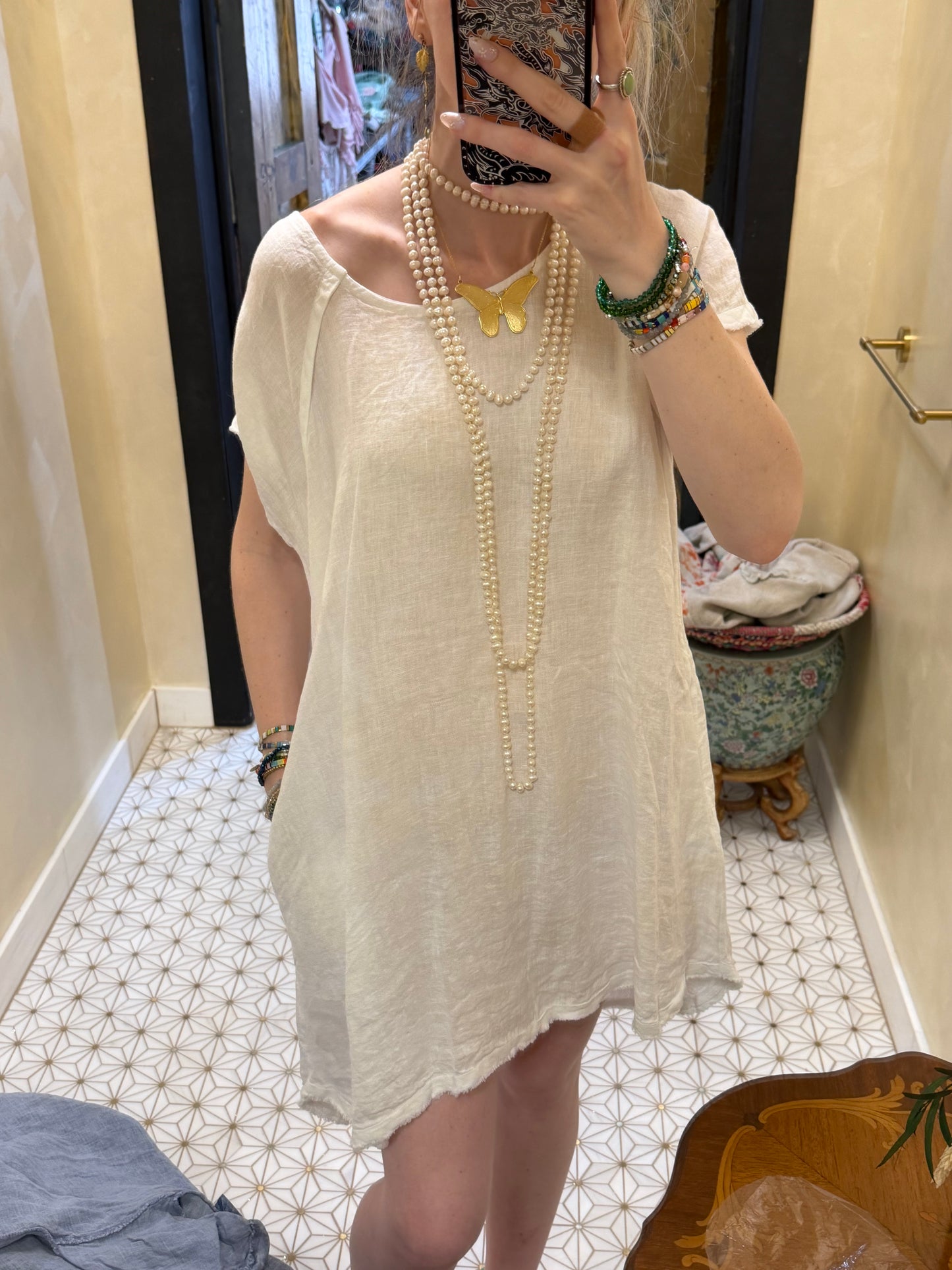White Linen Capped Sleeve Dress